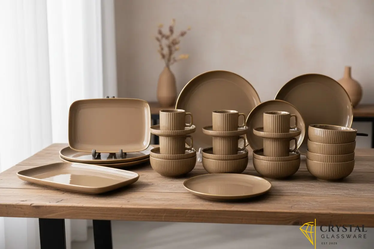 Multicolour 32-piece ceramic dinner set featuring a ribbed texture and gold trim
